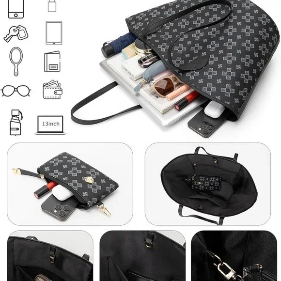 Women's Vegan Leather Tote Shoulder Handbag Set with Wallet for Daily Use - Picture 4 of 8